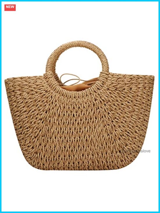 Handbags - Hand-woven Straw Large Tote Bag Round Handle Summer Beach Rattan Bag